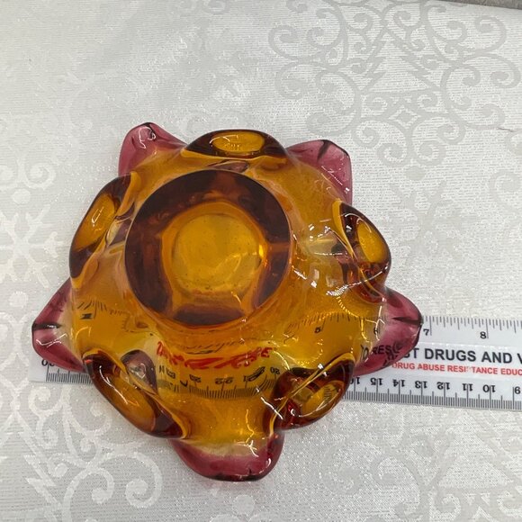 Murano-Style Hand-Blown Glass Amber & Purple Art Ashtray Bowl - Picture 4 of 6